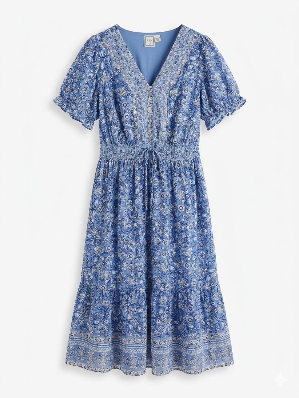 NWT LEA Blue Floral Cotton Puff Sleeve Smocked Waist V-Neck Midi Dress Size 2
